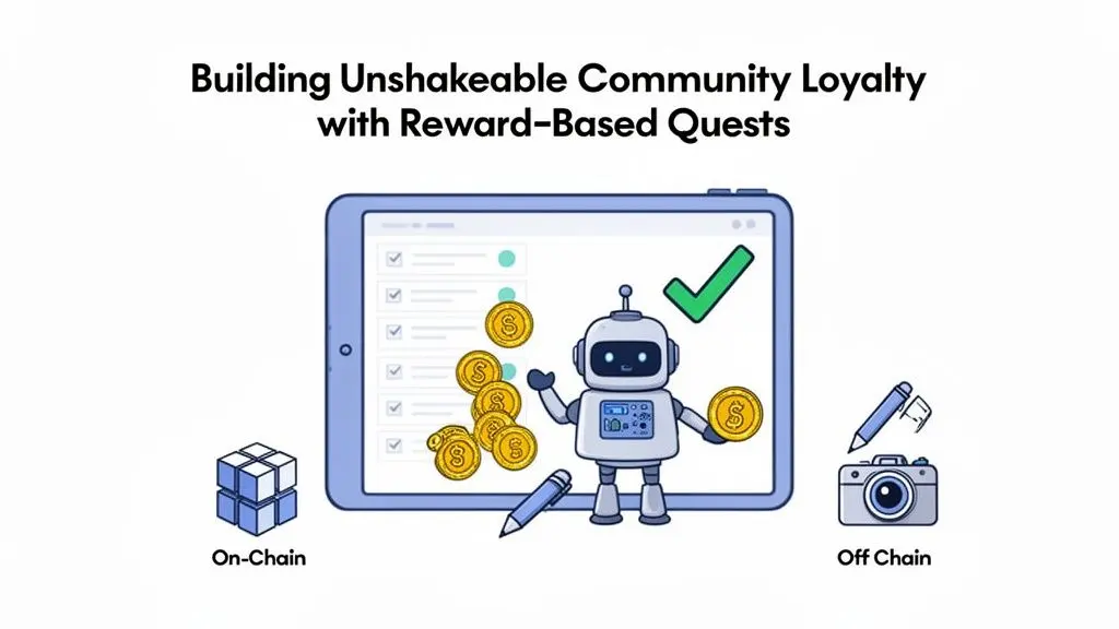 Illustration of a robot, tablet, and coins, representing reward-based quests for community loyalty, with on-chain and off-chain elements.
