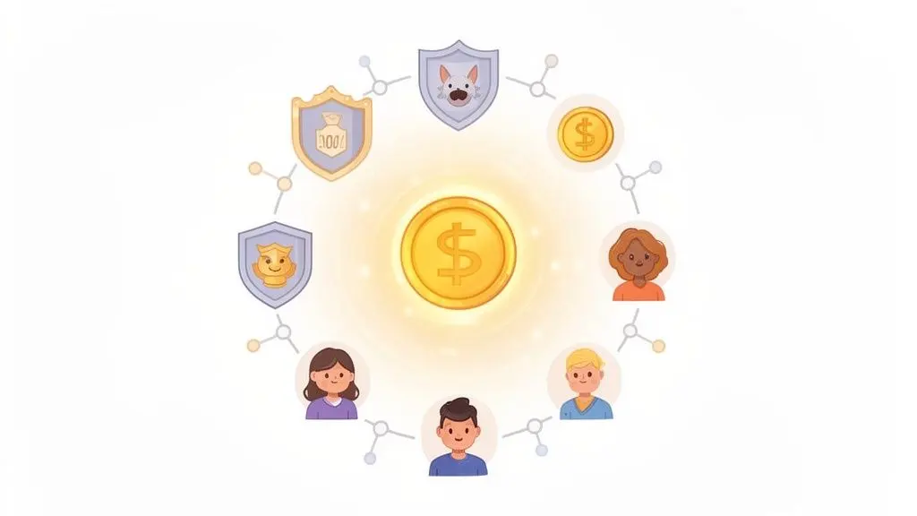 A central golden dollar coin surrounded by a network of people, shields, and reward icons.