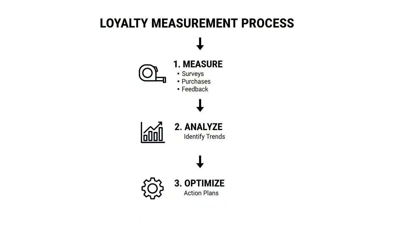 Diagram outlining the Loyalty Measurement Process: Measure, Analyze trends, and Optimize with action plans.
