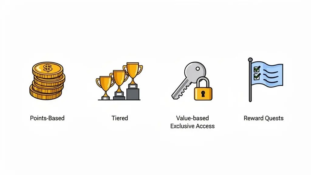 Four distinct loyalty marketing program types: points-based, tiered, exclusive access, and reward quests, each with an icon.