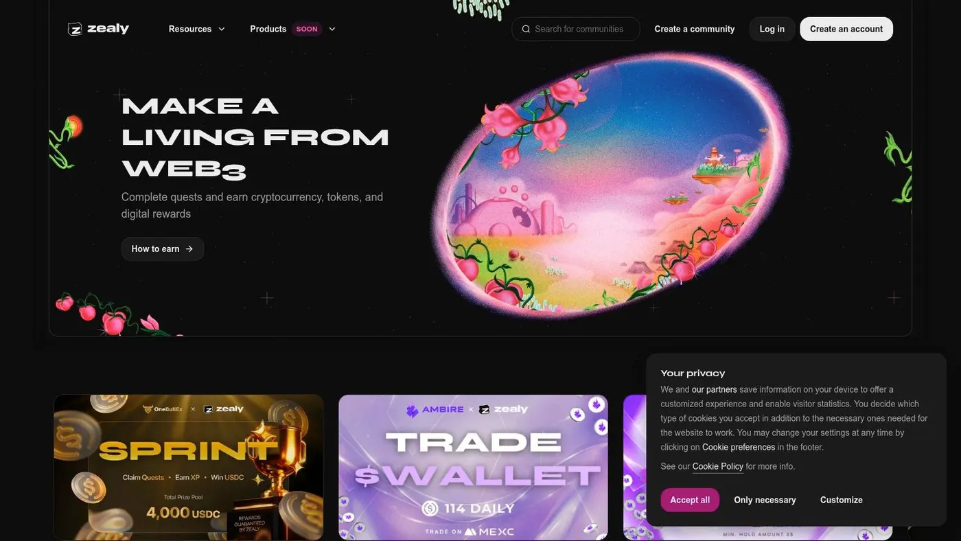 Zealy platform showing a quest-based campaign for a loyalty program