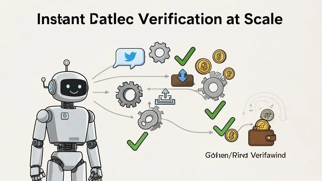 An illustration of a robot processing data, including social media and digital currency, through a verification system.