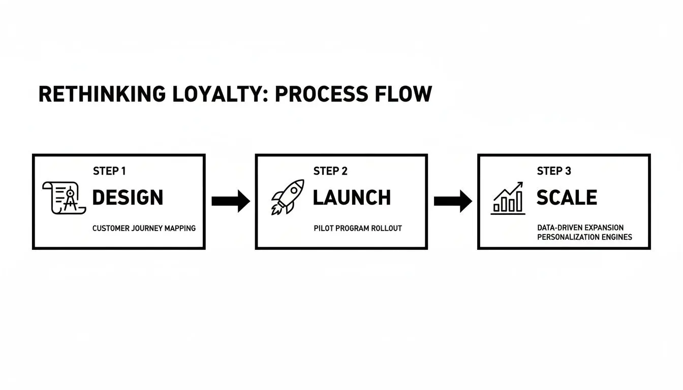 Three-step process flow for loyalty program management: design, launch, and scale with key actions.
