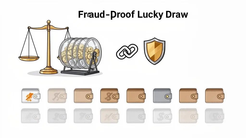 A graphic depicting a fraud-proof lucky draw with a lottery drum, justice scales, blockchain link, security shield, and crypto wallets.