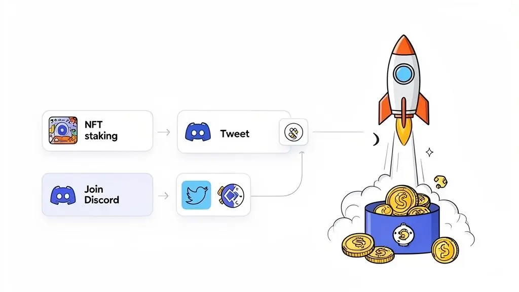 Flowchart illustrating NFT staking and Discord engagement leading to crypto rewards and growth represented by a rocket launch.