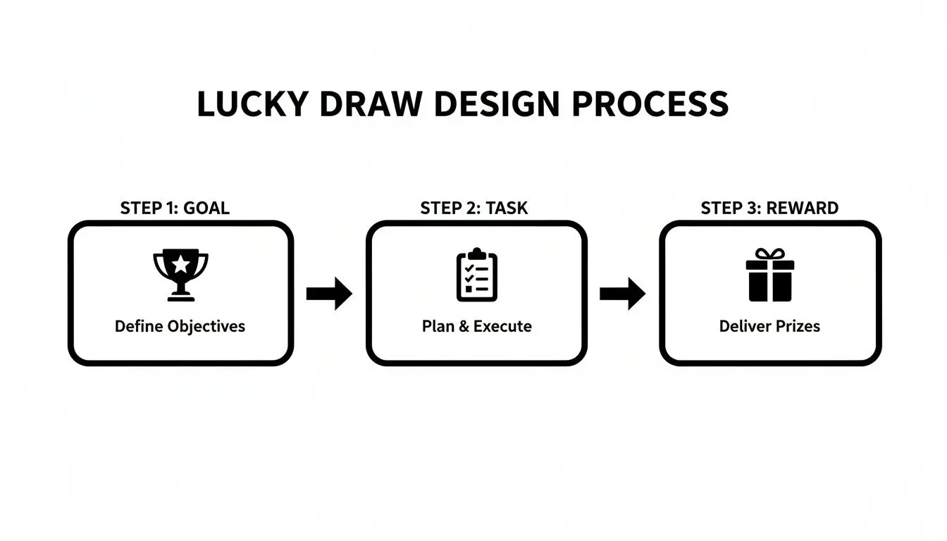 Flowchart showing the lucky draw design process, detailing objective definition, task execution, and prize delivery.