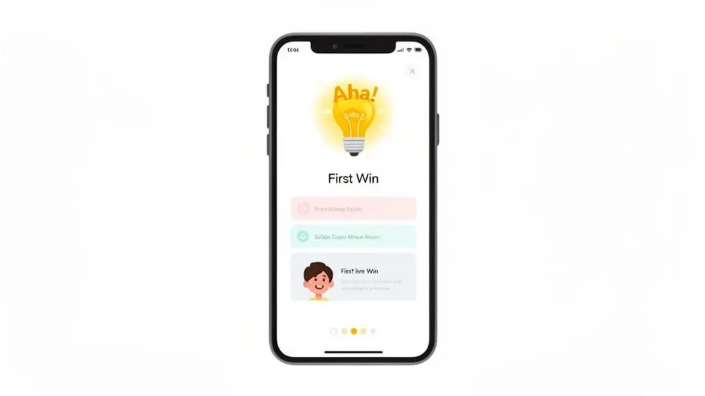 A mobile app screen displaying a 'First Win' achievement with a glowing lightbulb icon.