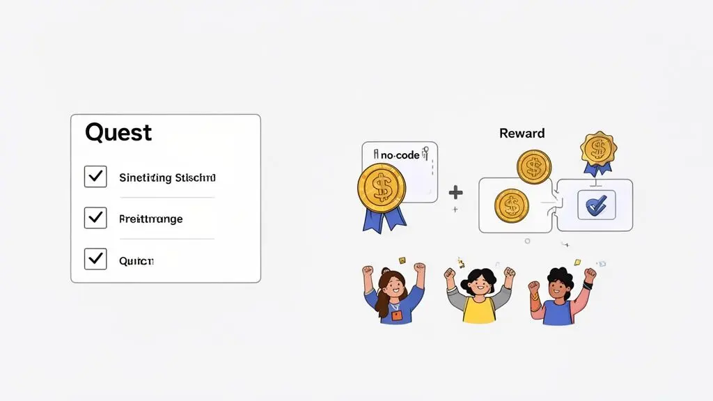 An illustration showing a 'Quest' checklist, 'no-code' reward, and people celebrating achievements.