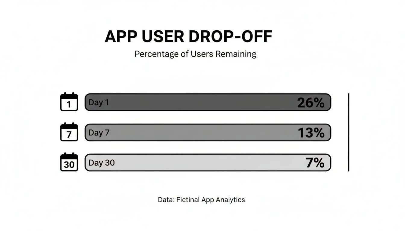 Bar chart showing app user retention rates: 26% on Day 1, 13% on Day 7, and 7% on Day 30.