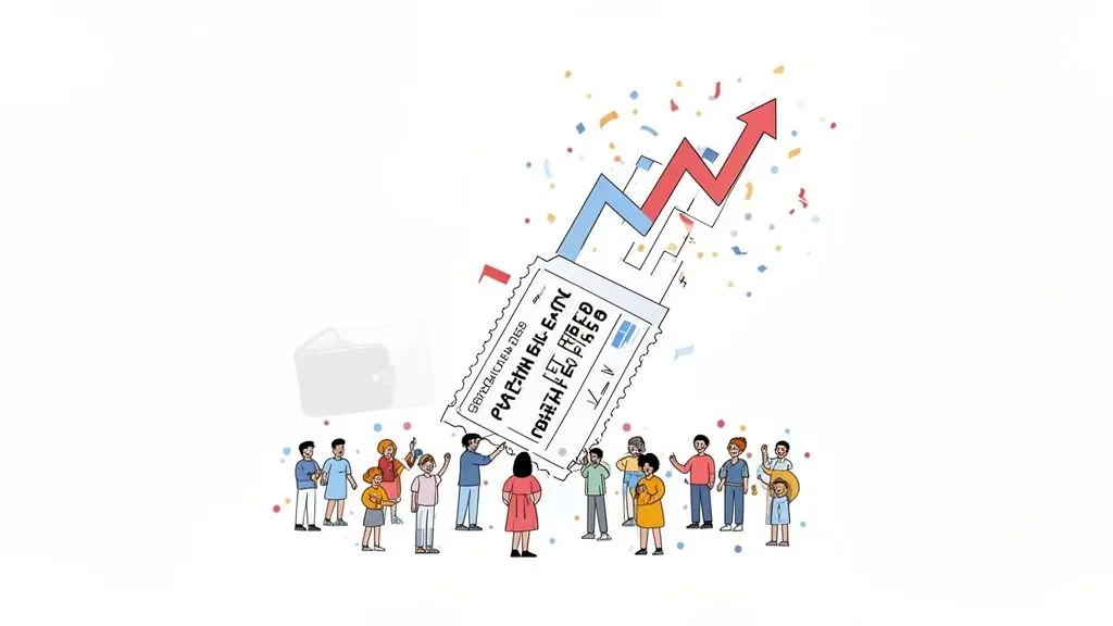 Diverse people celebrate a successful raffle ticket showing an upward trend graph with confetti.