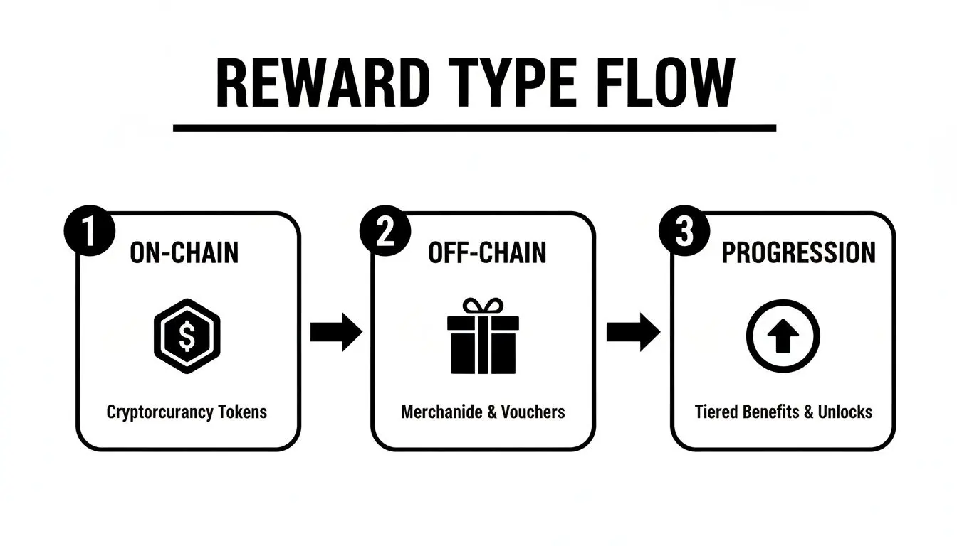 Flowchart showing three reward types: on-chain cryptotokens, off-chain merchandise, and progression benefits.