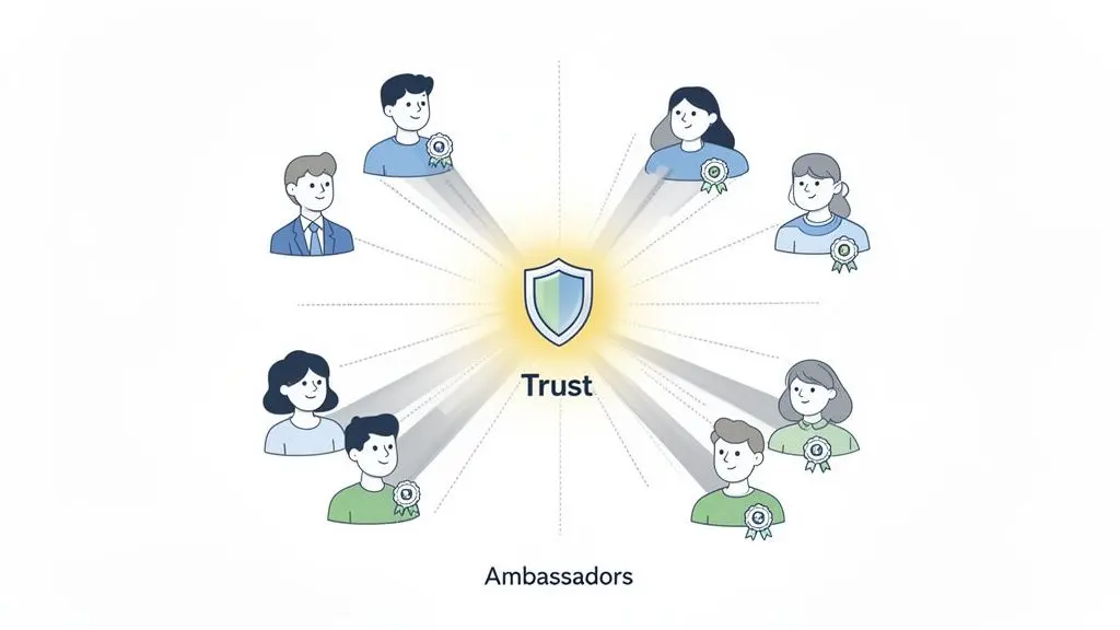 Graphic showing a shield with 'Trust' at the core, connected to eight diverse 'Ambassadors' with badges.