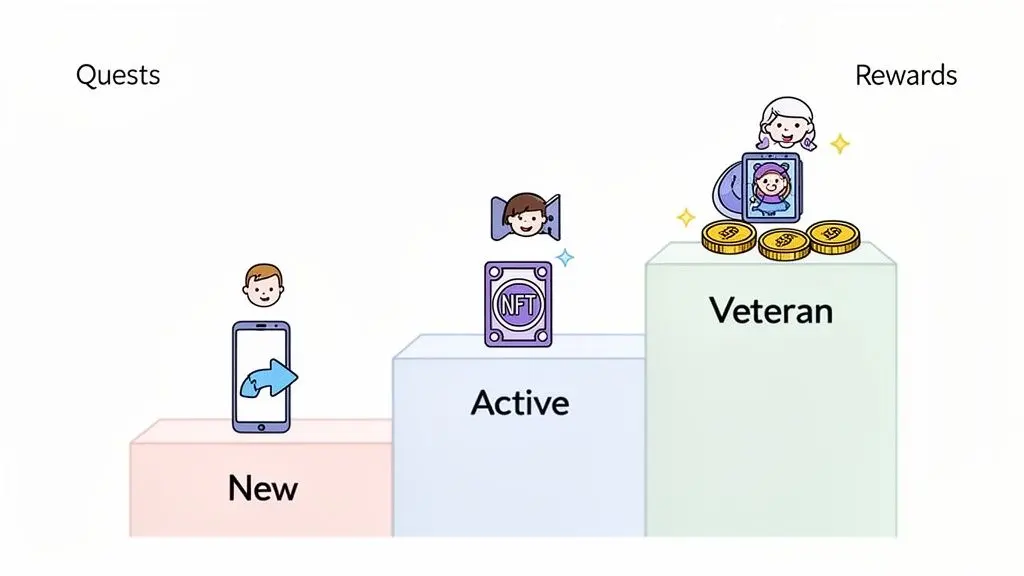 User progression stages (New, Active, Veteran) with quests, NFTs, and coin rewards.