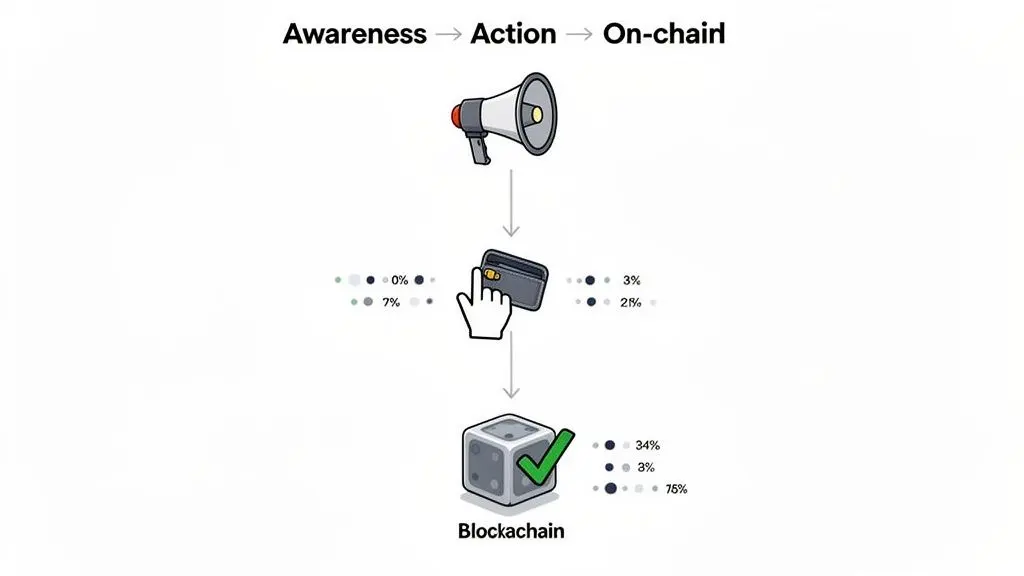 Diagram illustrating the conversion funnel from awareness to on-chain action with percentages.