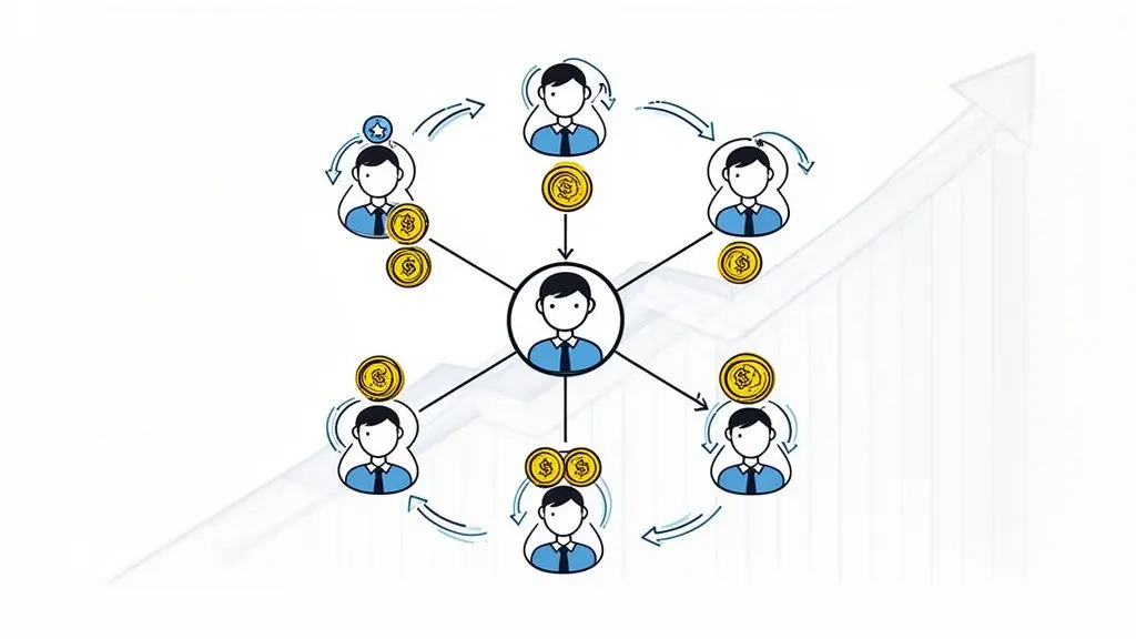 Illustration showing a central person distributing money to a network of individuals, symbolizing growth and profit.