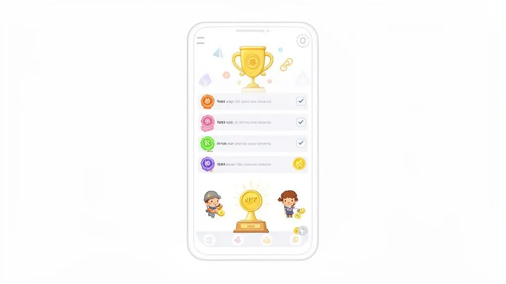 Mobile app screen displaying a gamified interface with a trophy, achievement list, and NFT rewards.