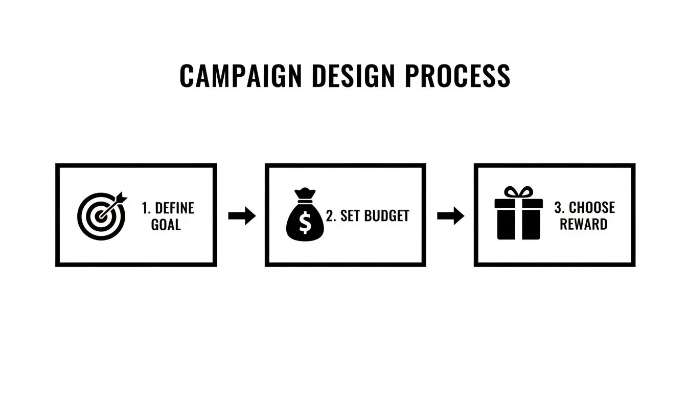 A three-step campaign design process flowchart showing: 1. Define Goal, 2. Set Budget, 3. Choose Reward.