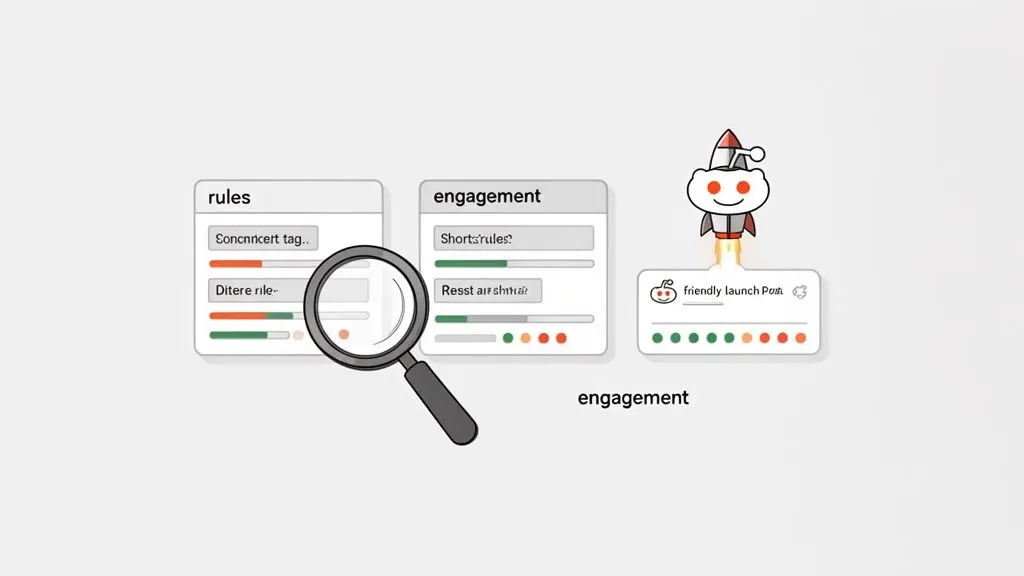 A Reddit Snoo rocket launches while a magnifying glass inspects rules and engagement metrics.