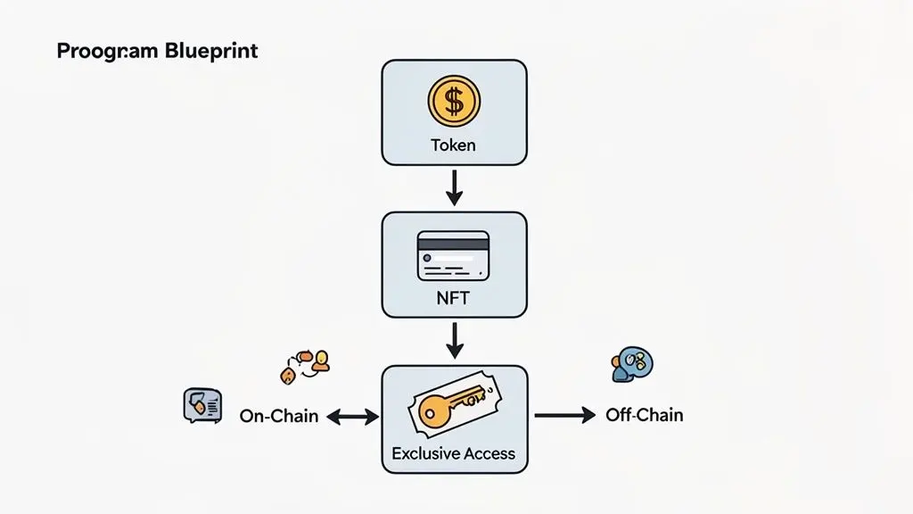 Proogram Blueprint showing Tokens leading to NFTs, providing Exclusive Access for on-chain and off-chain use.