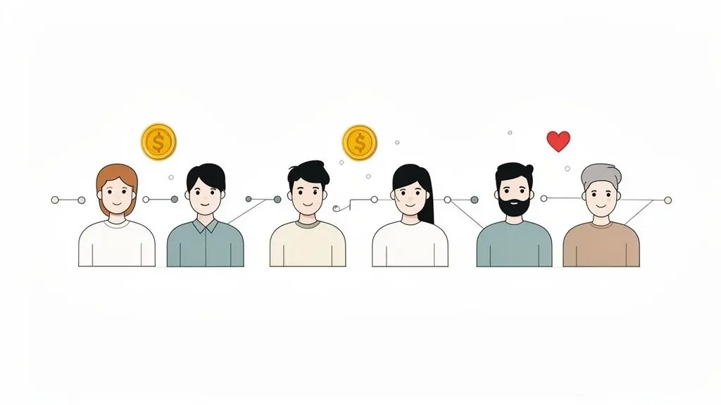 Illustration of diverse people connected in a loyalty program, receiving money and heart rewards.