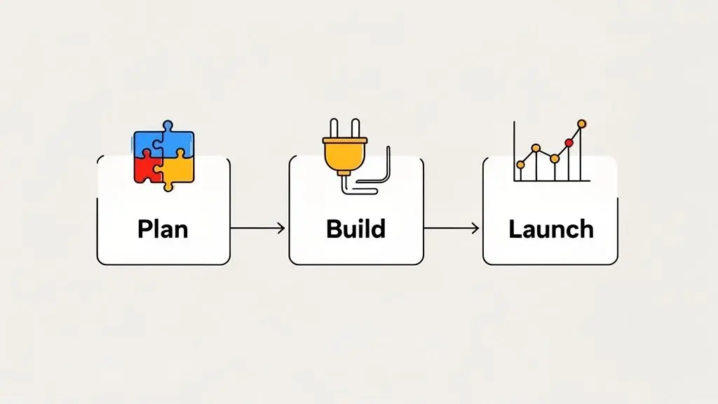 A three-step process flowchart: Plan with puzzle pieces, Build with an electrical plug, and Launch with a trend graph.