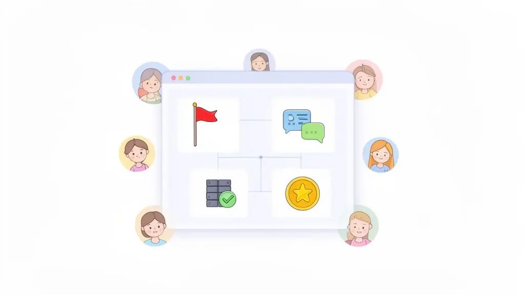 Diverse cartoon users surrounding a platform interface displaying goals, communication, data, and rewards.