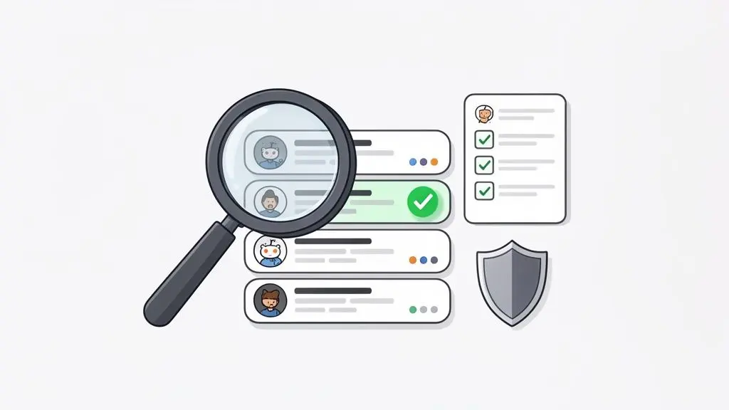 A magnifying glass inspecting user profiles, with a verified account, checklist, and security shield.
