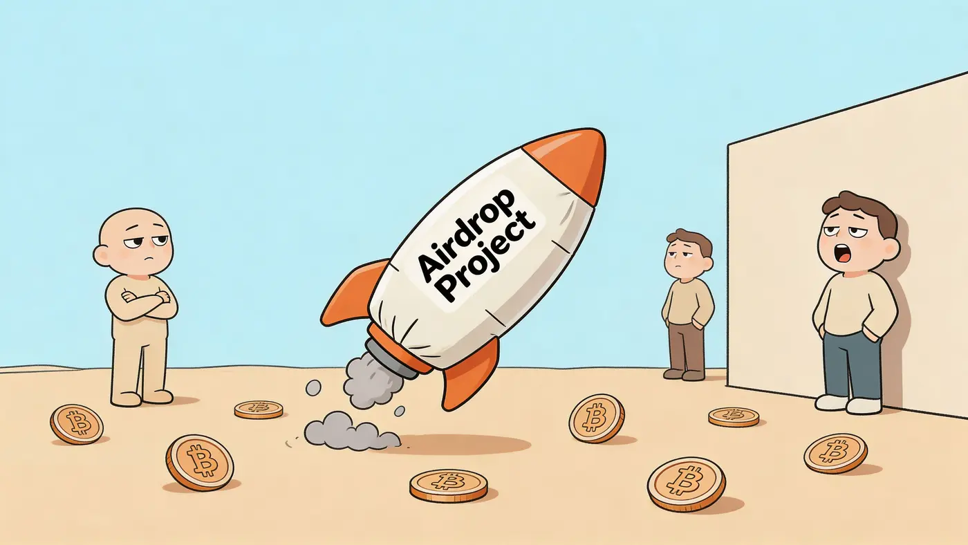 A cartoon rocket labeled Airdrop Project taking off surrounded by scattered Bitcoin coins as onlookers watch.