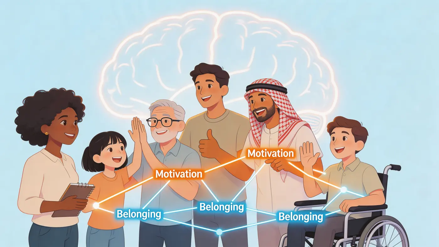 A diverse group of people connecting through motivation and belonging, set against a glowing brain outline background.
