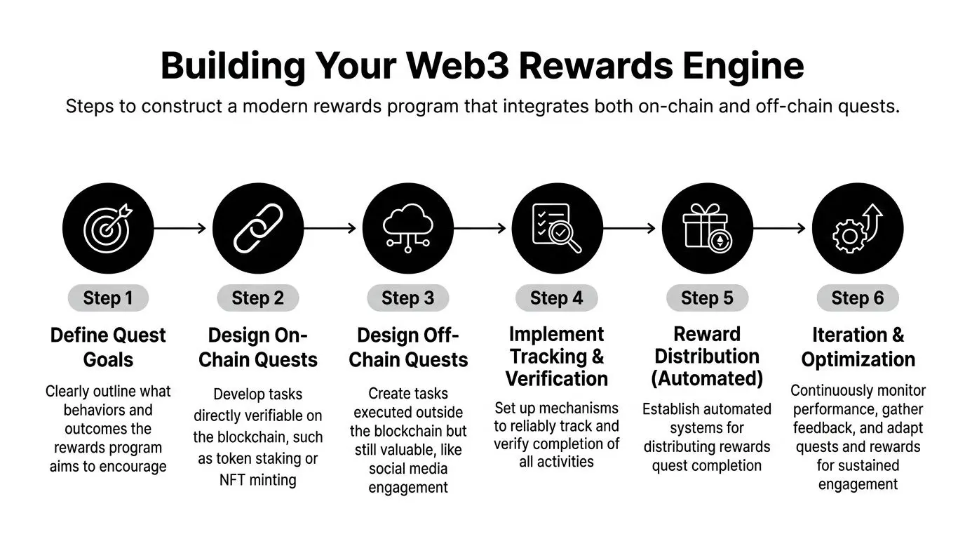 A six-step infographic guide detailing how to build a Web3 rewards program for user engagement.