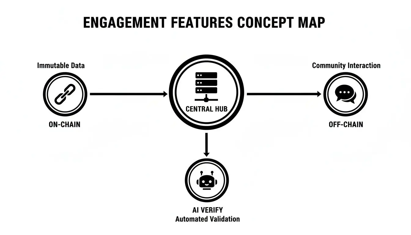 An engagement features concept map showing data flow from on-chain immutable data and off-chain community interaction to a central hub and AI validation.