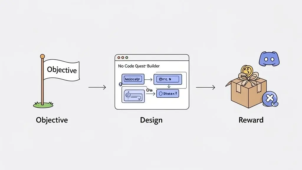 A three-step diagram showing Objective (flag), Design (No Code Quest Builder), and Reward (gift box, Discord logo).
