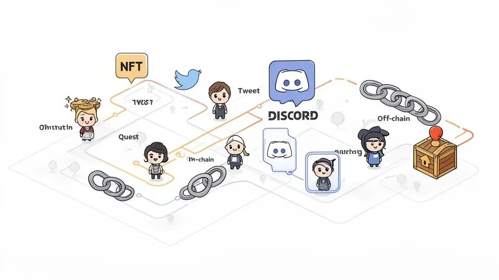 Cartoon illustration showing a web3 user engagement platform with characters, NFTs, Discord, Twitter, and blockchain concepts.