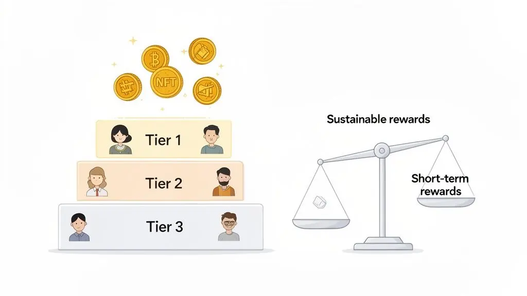 An illustration showing a three-tier rewards system with digital assets and a balance scale comparing sustainable and short-term rewards.