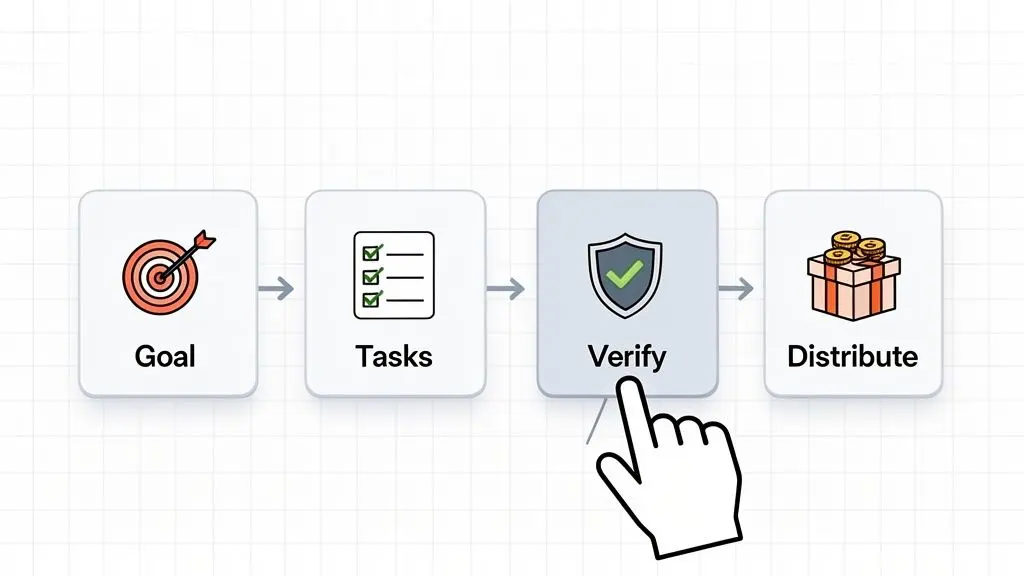 Workflow diagram showing a four-step process: Goal, Tasks, Verify (clicked by a hand), and Distribute.