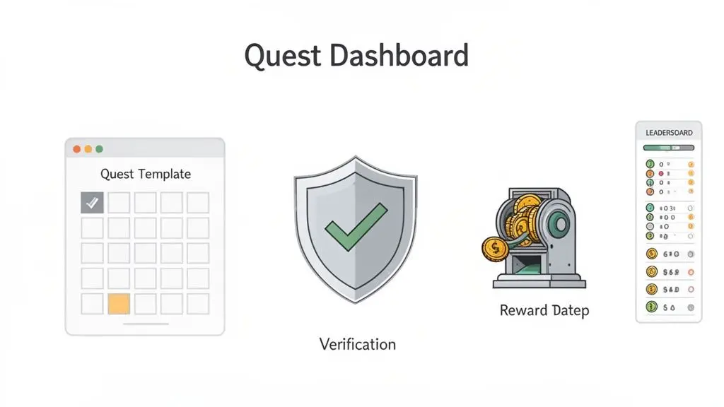 A 'Quest Dashboard' showing a quest template, verification shield, reward machine, and leaderboard for gamified tasks.